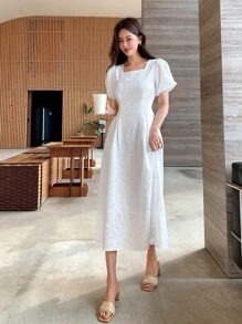 DAZY Square Neck Puff Sleeve Dress - White - View 7