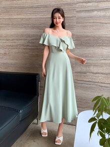 DAZY Vai lạnh Viền Ruffle Đầm - Màu xanh Bạc hà - Xem 7