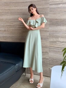 DAZY Vai lạnh Viền Ruffle Đầm - Màu xanh Bạc hà - Xem 8