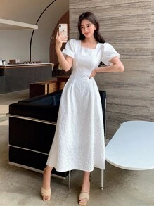 DAZY Square Neck Puff Sleeve Dress - White - View 9
