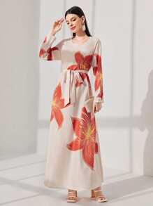 Al Najma Váy Ả Rập Hoa Khiêm tốn - Màu be - Xem 1