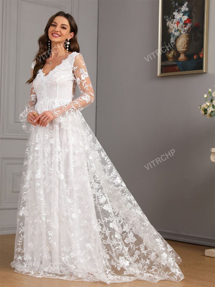 Vestido de Casamento Longo Elegante de Manga Longa, com Decote em V, Bordado Floral, Sobreposição em Tela e Branco, para Noiva
