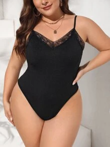 SHEIN Privé 大碼蕾絲邊吊帶連體衣 - 黑色 - 查看 1