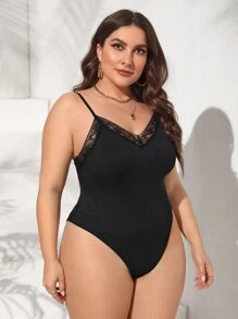 SHEIN Privé 大碼蕾絲邊吊帶連體衣 - 黑色 - 查看 4