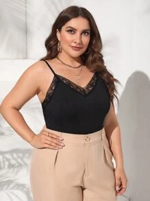 SHEIN Privé 大碼蕾絲邊吊帶連體衣 - 黑色 - 查看 7