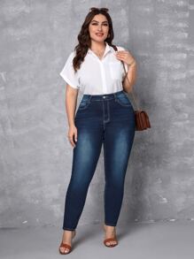Plus High Waist Skinny Jeans - Dark Wash - View 3