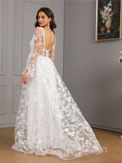 V Neck Floral Embroidery Mesh Overlay Maxi Wedding Dress White Elegant Long Sleeve Bridal Dress,Bride Spring Vacation