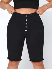 CovetEZ Plus Button Fly Raw Hem Denim Shorts - Black - View 1