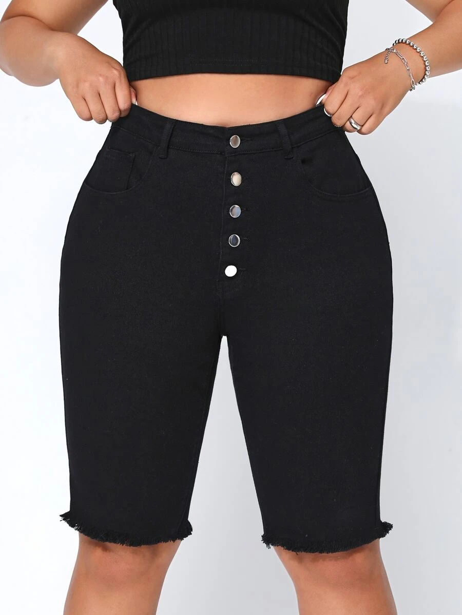 CovetEZ Plus Button Fly Raw Hem Denim Shorts - Black - View 1