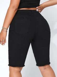 CovetEZ Plus Button Fly Raw Hem Denim Shorts - Black - View 2