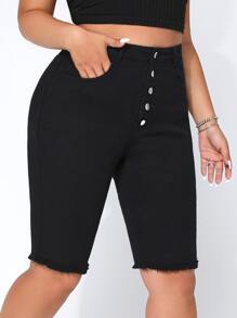 CovetEZ Plus Button Fly Raw Hem Denim Shorts - Black - View 3