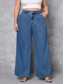 Plus High Waist Wide Leg Jeans - Dark Wash - View 1