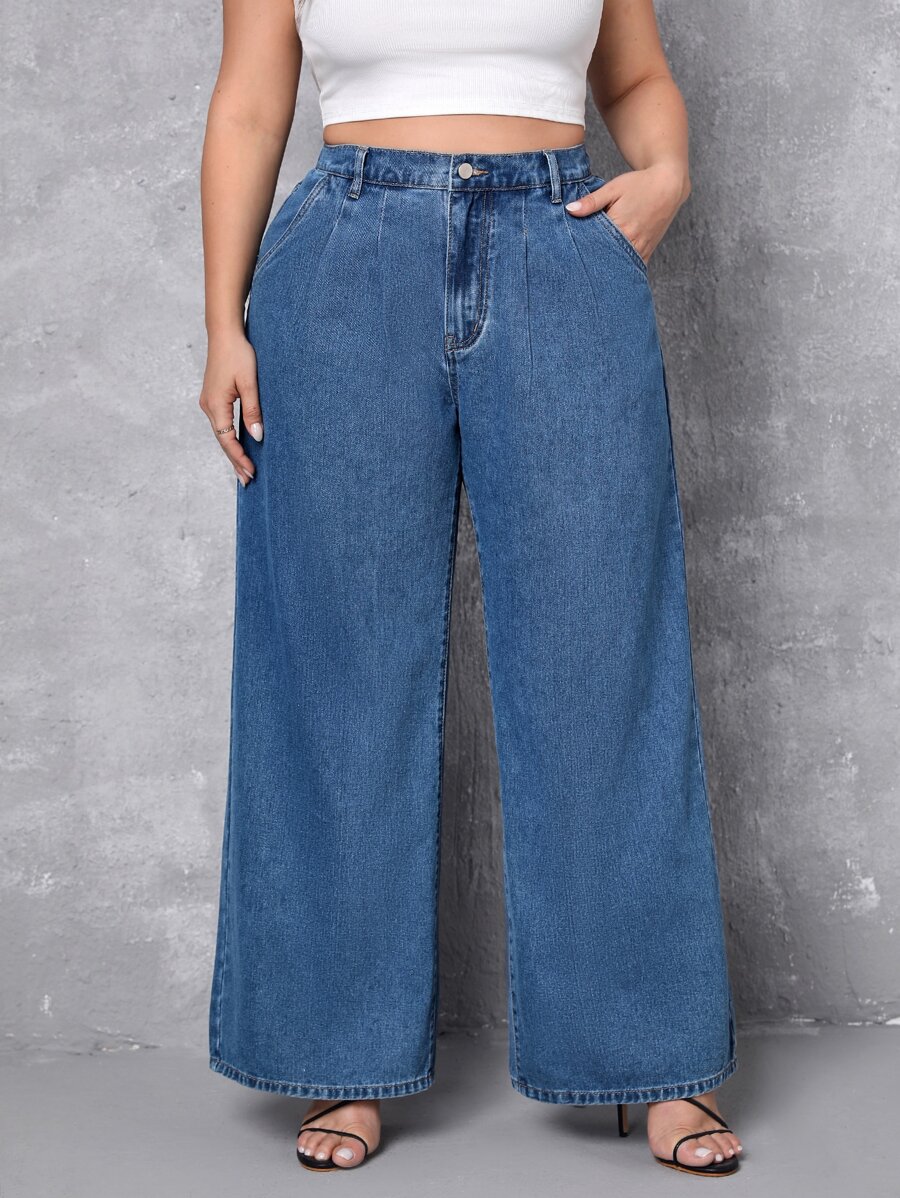 Plus High Waist Wide Leg Jeans - Dark Wash - View 1