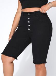CovetEZ Plus Button Fly Raw Hem Denim Shorts - Black - View 5