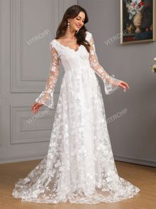 Vestido de Casamento Longo Elegante de Manga Longa, com Decote em V, Bordado Floral, Sobreposição em Tela e Branco, para Noiva
