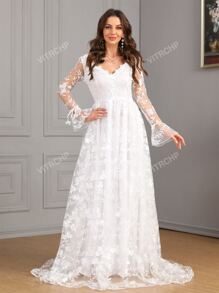 Vestido de Casamento Longo Elegante de Manga Longa, com Decote em V, Bordado Floral, Sobreposição em Tela e Branco, para Noiva