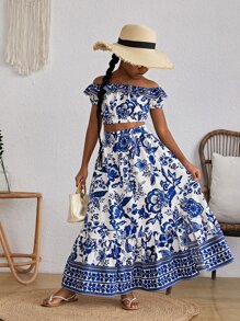 SHEIN Top Épaules Dénudées Fille Préadolescente À Imprimé Floral & Jupe À Ourlet Volanté