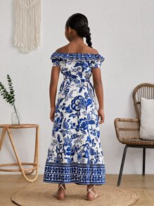 SHEIN Top Épaules Dénudées Fille Préadolescente À Imprimé Floral & Jupe À Ourlet Volanté
