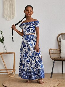 SHEIN Top Épaules Dénudées Fille Préadolescente À Imprimé Floral & Jupe À Ourlet Volanté