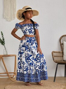 SHEIN Top Épaules Dénudées Fille Préadolescente À Imprimé Floral & Jupe À Ourlet Volanté