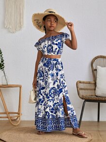 SHEIN Top Épaules Dénudées Fille Préadolescente À Imprimé Floral & Jupe À Ourlet Volanté