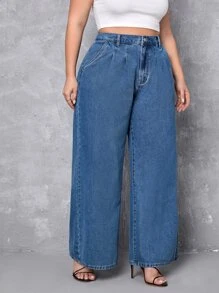 Plus High Waist Wide Leg Jeans - Dark Wash - View 5
