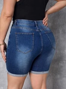 SHEIN Essnce 大碼高腰卷邊牛仔短褲 - 中等水洗藍 - 查看 2