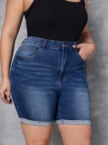 SHEIN Essnce 大碼高腰卷邊牛仔短褲 - 中等水洗藍 - 查看 3