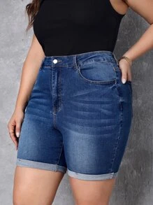 SHEIN Essnce 大碼高腰卷邊牛仔短褲 - 中等水洗藍 - 查看 4