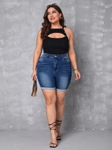 SHEIN Essnce 大碼高腰卷邊牛仔短褲 - 中等水洗藍 - 查看 5