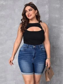 SHEIN Essnce 大碼高腰卷邊牛仔短褲 - 中等水洗藍 - 查看 6