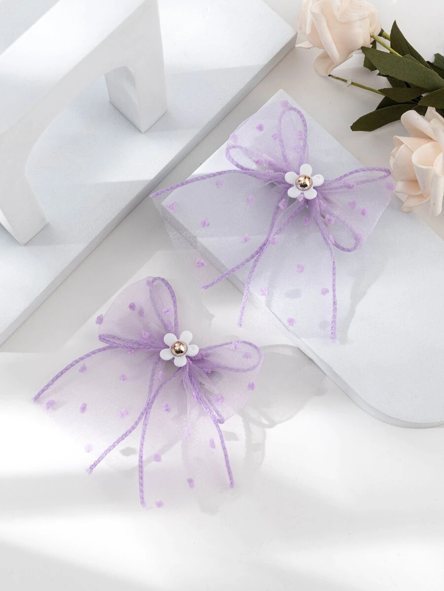 2pcs/Set Dreamy Purple Polka Dot Ribbon Hair Clips, 14+ Cute Accessories For Dates & Photos, Sweet Girly Style Hair Decor - Purple - View 1