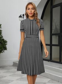 Houndstooth Print A-line Dress - Black and White - View 1