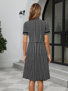 Houndstooth Print A-line Dress - Black and White - View 2