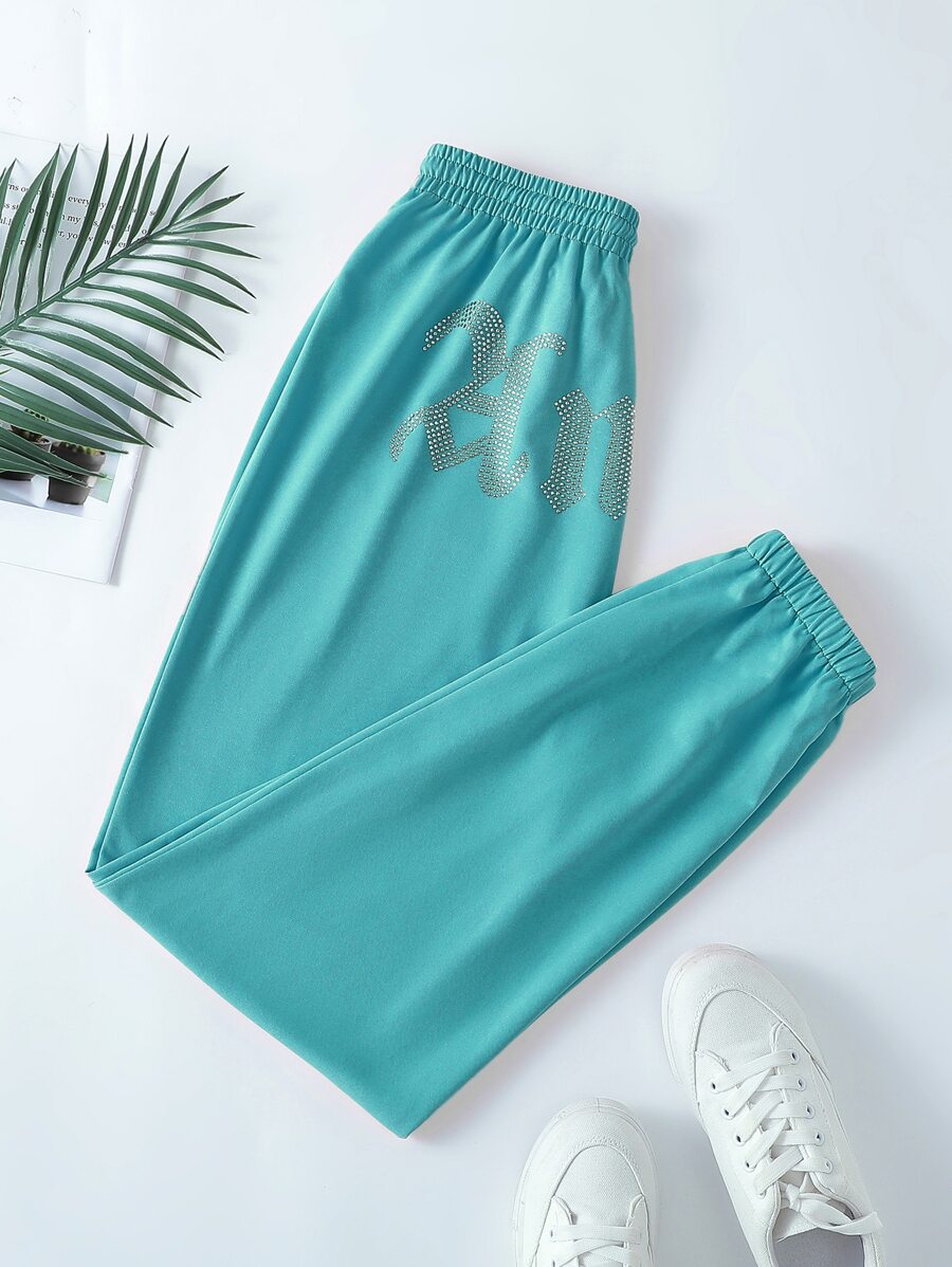 SHEIN Unity Rhinestone Letter Graphic Elastic Waist Joggers - Teal Blue - View 1