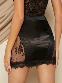 SHEIN Unity 性感透明蕾丝边缎面迷你裙 - 黑色 - 查看 2