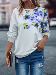 EMERY ROSE Sudadera con estampado floral de hombros caídos - Blanco - Ver 1