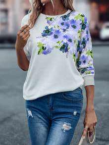 EMERY ROSE Sudadera con estampado floral de hombros caídos - Blanco - Ver 3