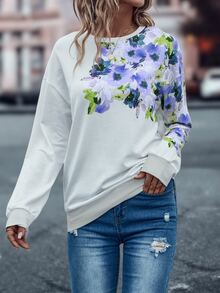 EMERY ROSE Sudadera con estampado floral de hombros caídos - Blanco - Ver 4