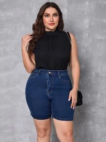 SHEIN Essnce Plus High Waist Denim Shorts - Medium Wash - View 6