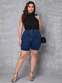 SHEIN Essnce Plus High Waist Denim Shorts - Medium Wash - View 3