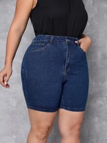 SHEIN Essnce Plus High Waist Denim Shorts - Medium Wash - View 4