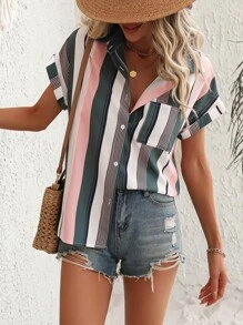 SHEIN VCAY 條紋印花蝙蝠袖襯衫 - 彩色 - 查看 6