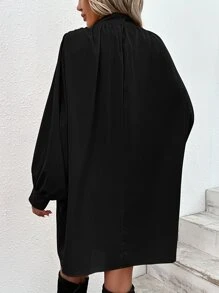 Chiquease Mock Neck Batwing Sleeve Button Front Shirt Dress - Black - View 2
