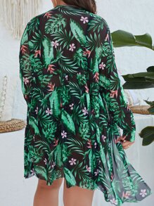SHEIN Swim Curve 夏季海灘加大碼熱帶印花推擠三角比基尼套裝，連長袍外套 - 墨綠色 - 查看 2