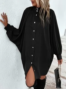 Chiquease Mock Neck Batwing Sleeve Button Front Shirt Dress - Black - View 4