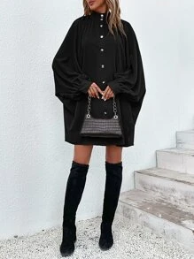 Chiquease Mock Neck Batwing Sleeve Button Front Shirt Dress - Black - View 6