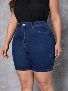 SHEIN Essnce Plus High Waist Denim Shorts - Medium Wash - View 1