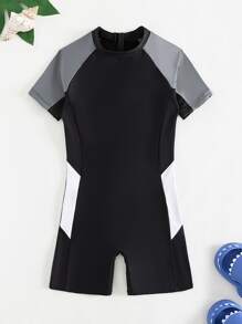 青少年男童拼色拉鍊後背連身泳衣,短raglan袖 - 黑色 - 查看 5