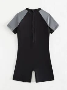 青少年男童拼色拉鍊後背連身泳衣,短raglan袖 - 黑色 - 查看 2